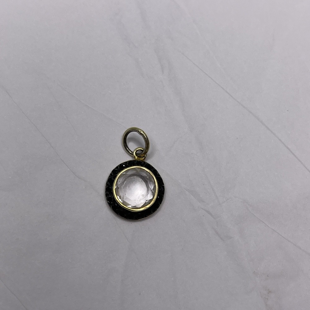 925 Sterling Silver Gold Plated Pendant Clear CZ Black Halo Round Charm